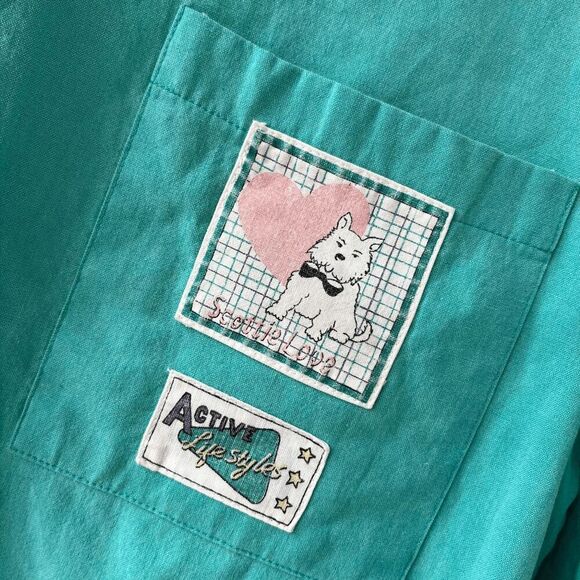 Vintage 90s Gitano Scottie Dog Cropped Shirt Teal M Y2K Kidcore Cute - Picture 12 of 12